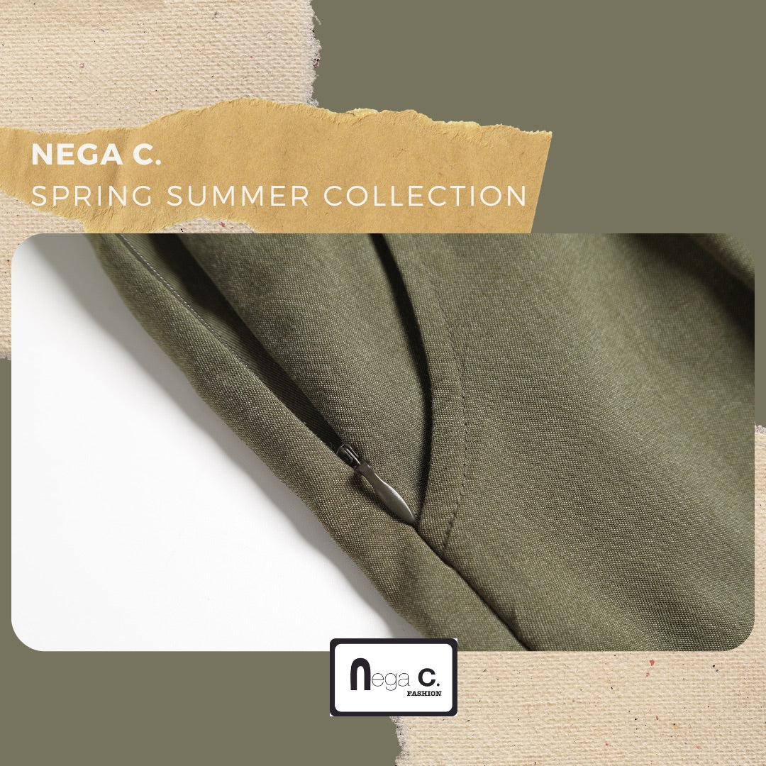 Nega C. กางเกงถุงกระดาษขากว้างเอวสูง | สีเขียว | ยางยืดไมโคร