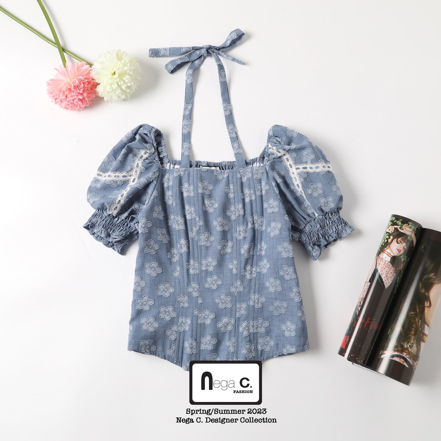 Nega C. เสื้อครอปแขนพองทรงเข้ารูป| สีฟ้า| มีซับใน