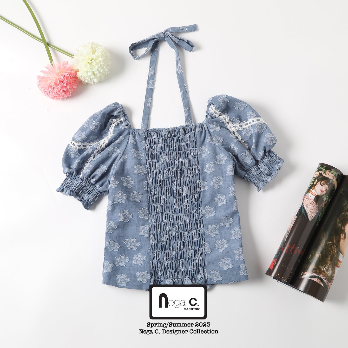 Nega C. เสื้อครอปแขนพองทรงเข้ารูป| สีฟ้า| มีซับใน