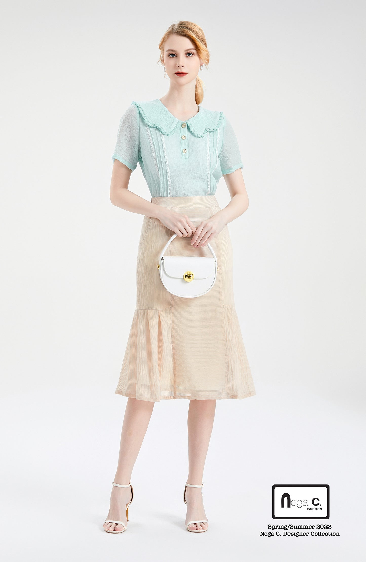 Nega C.เสื้อลูกไม้คอปกเมฆ| สีฟ้า| มีซับใน