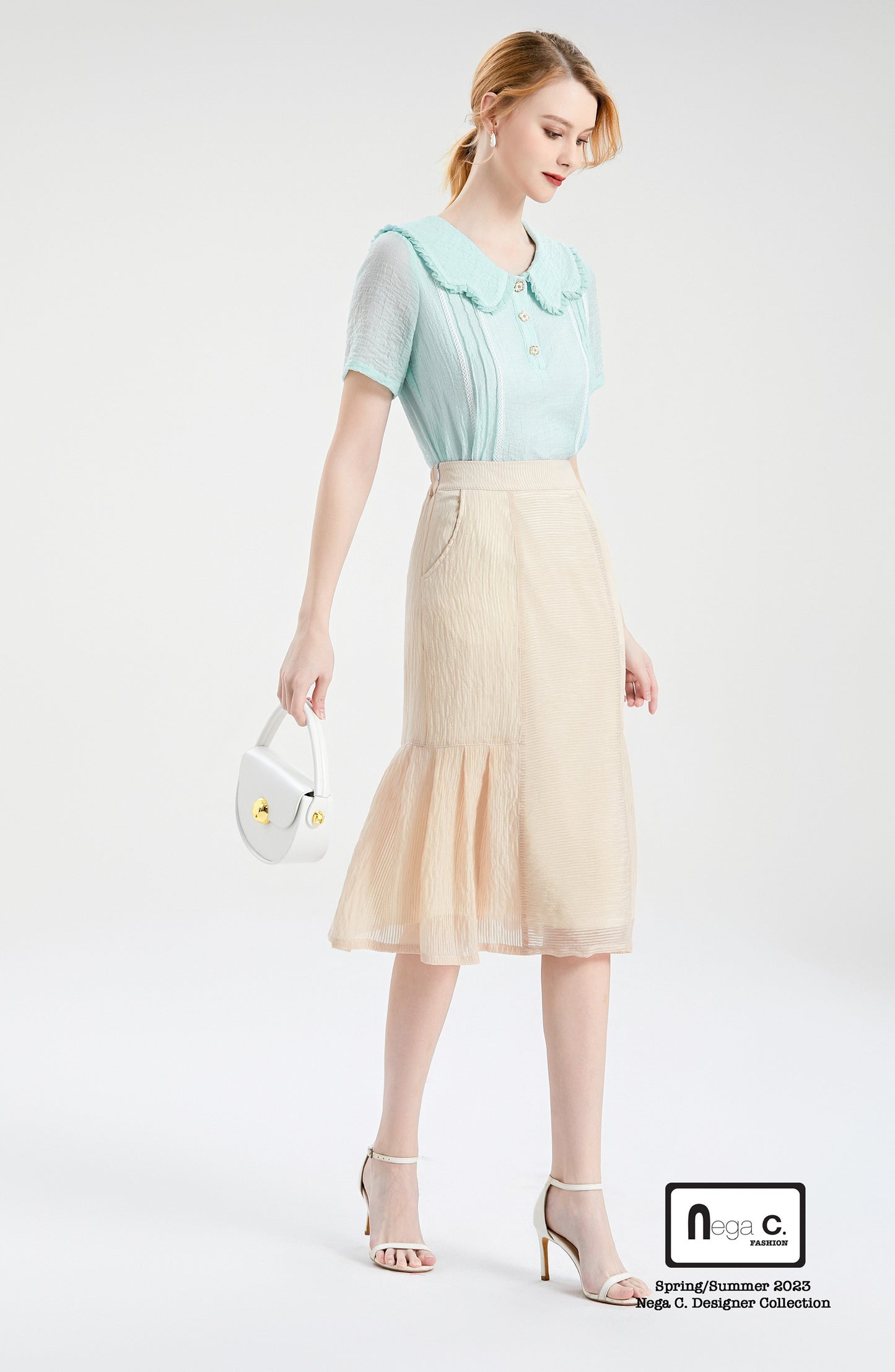 Nega C.เสื้อลูกไม้คอปกเมฆ| สีฟ้า| มีซับใน