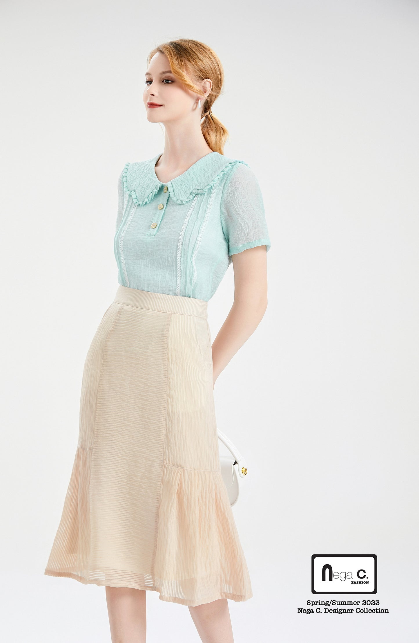 Nega C.เสื้อลูกไม้คอปกเมฆ| สีฟ้า| มีซับใน