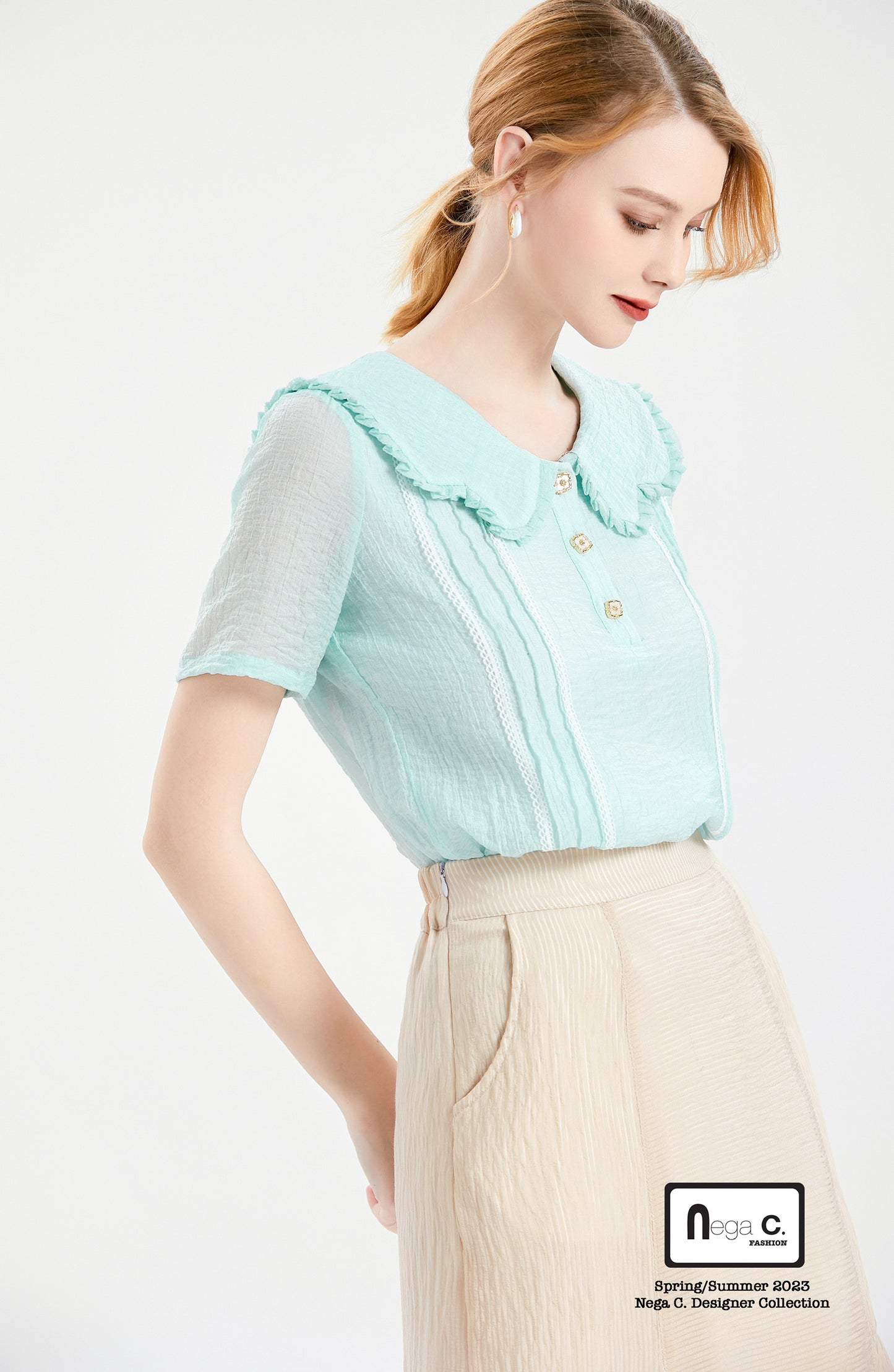 Nega C.เสื้อลูกไม้คอปกเมฆ| สีฟ้า| มีซับใน