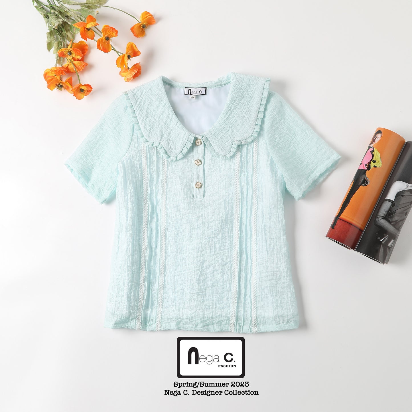 Nega C.เสื้อลูกไม้คอปกเมฆ| สีฟ้า| มีซับใน