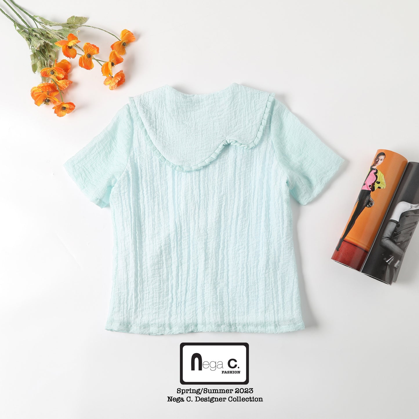 Nega C.เสื้อลูกไม้คอปกเมฆ| สีฟ้า| มีซับใน