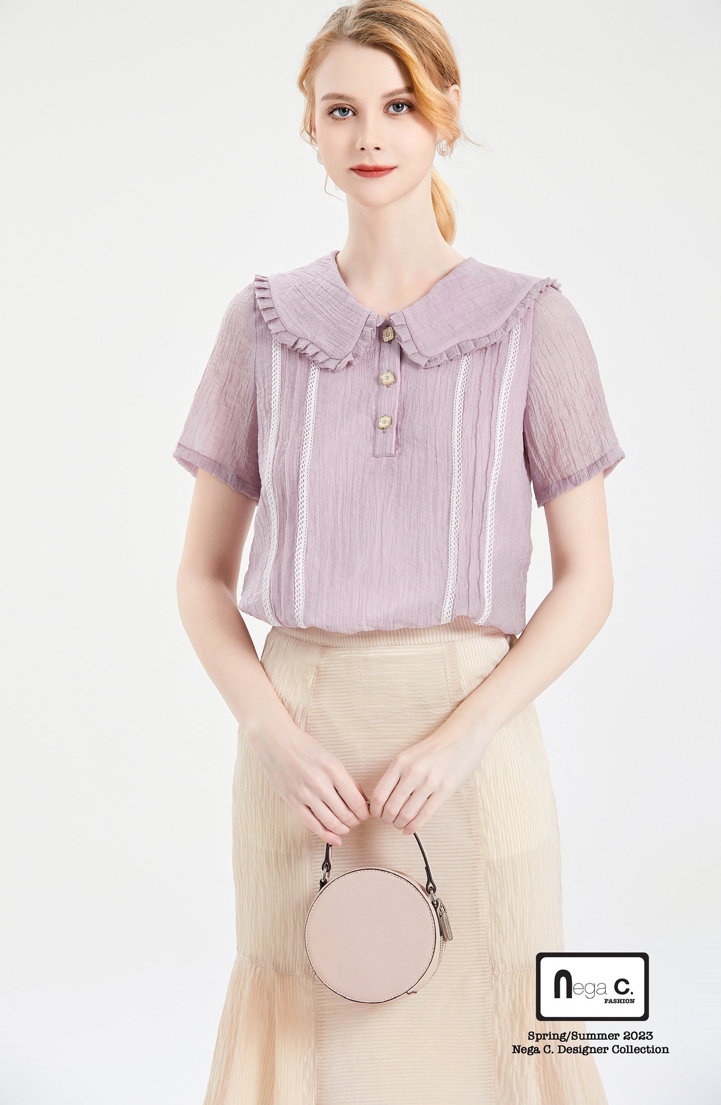 Nega C.เสื้อลูกไม้คอปกเมฆ| สีม่วง| มีซับใน