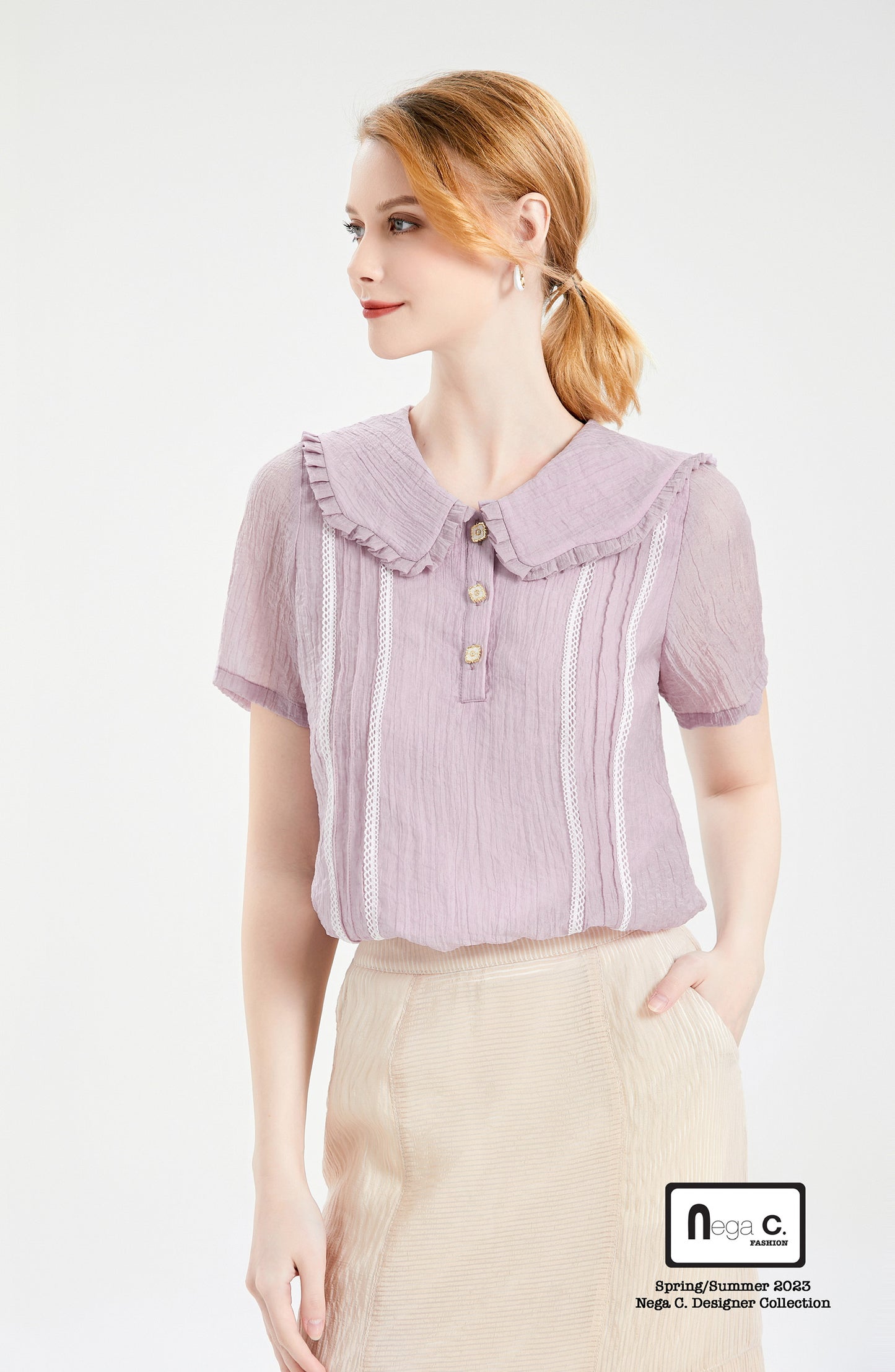 Nega C.เสื้อลูกไม้คอปกเมฆ| สีม่วง| มีซับใน