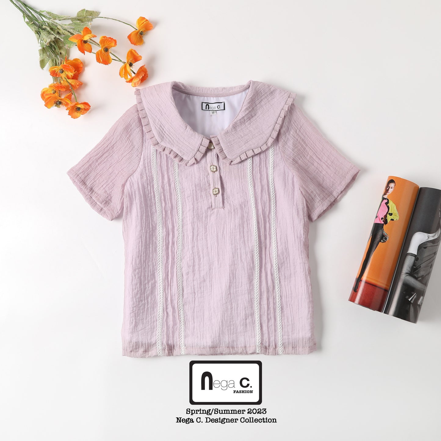 Nega C.เสื้อลูกไม้คอปกเมฆ| สีม่วง| มีซับใน