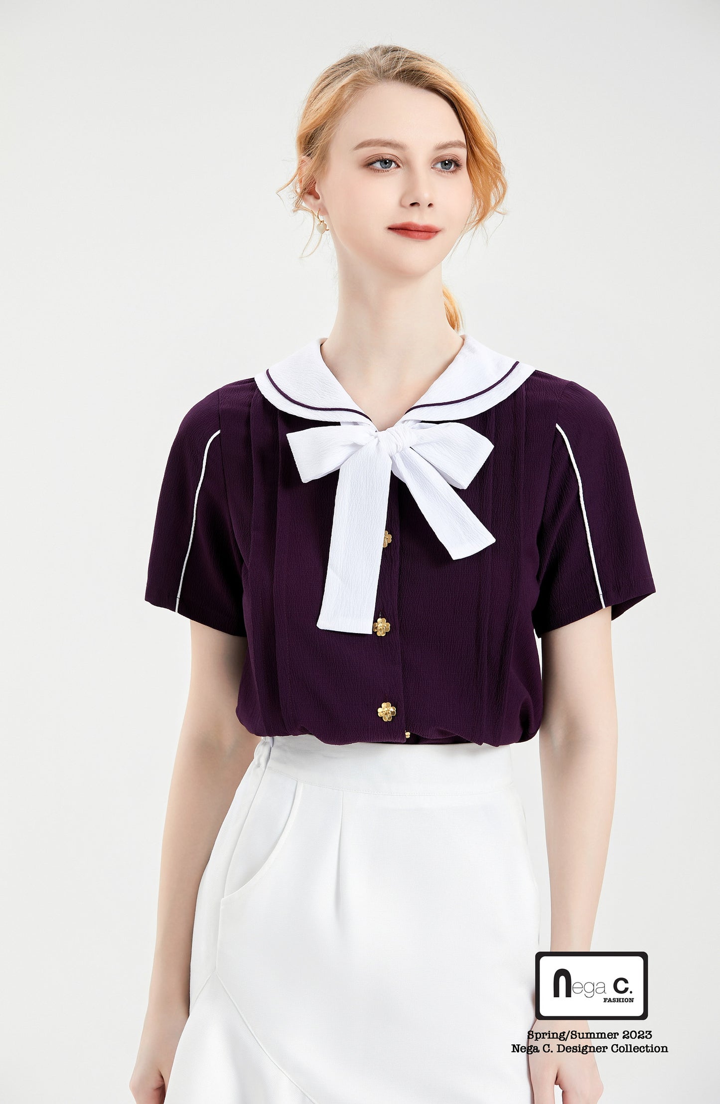Nega C.เสื้อเชิ้ตผูกปมผีเสื้อ|สีม่วง
