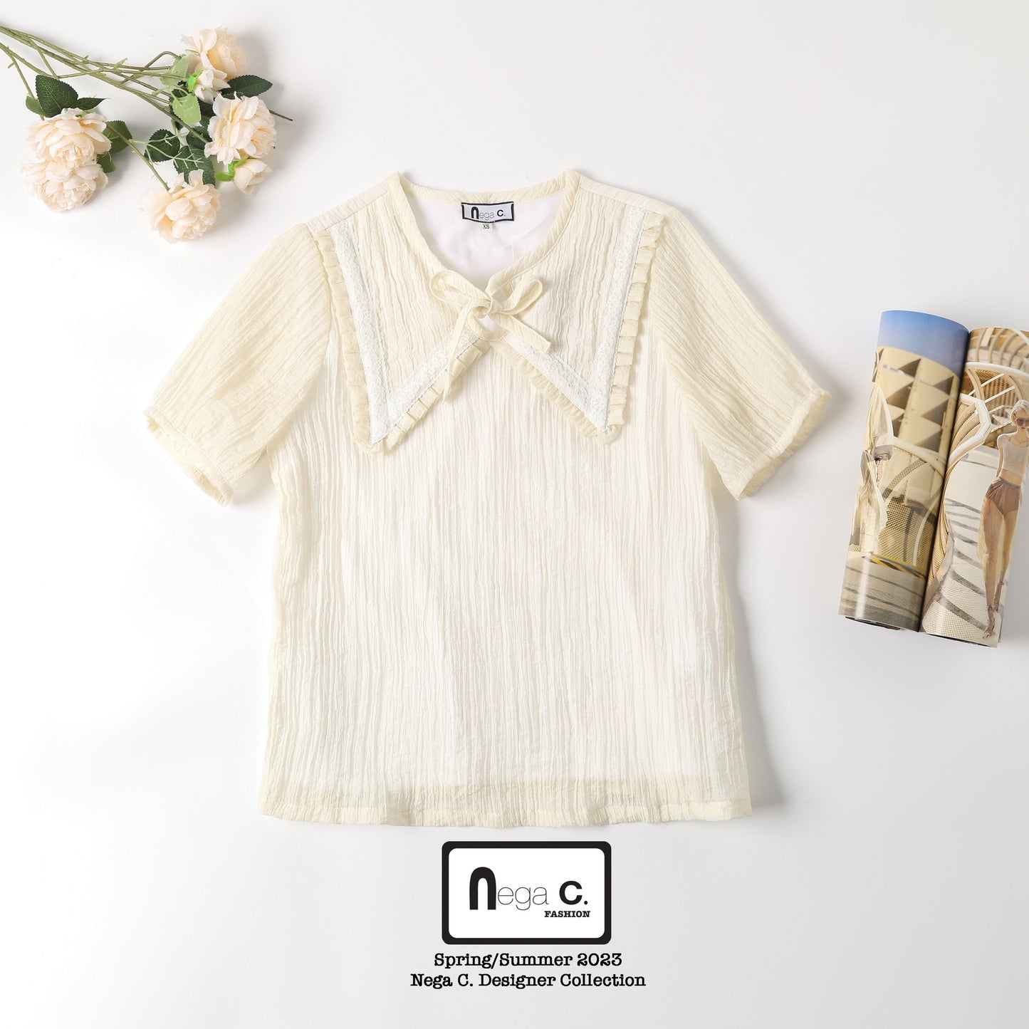 Nega C.เสื้อลูกไม้คอกลมจับจีบติดโบว์ผีเสื้อ|สีเบจ|มีซับใน