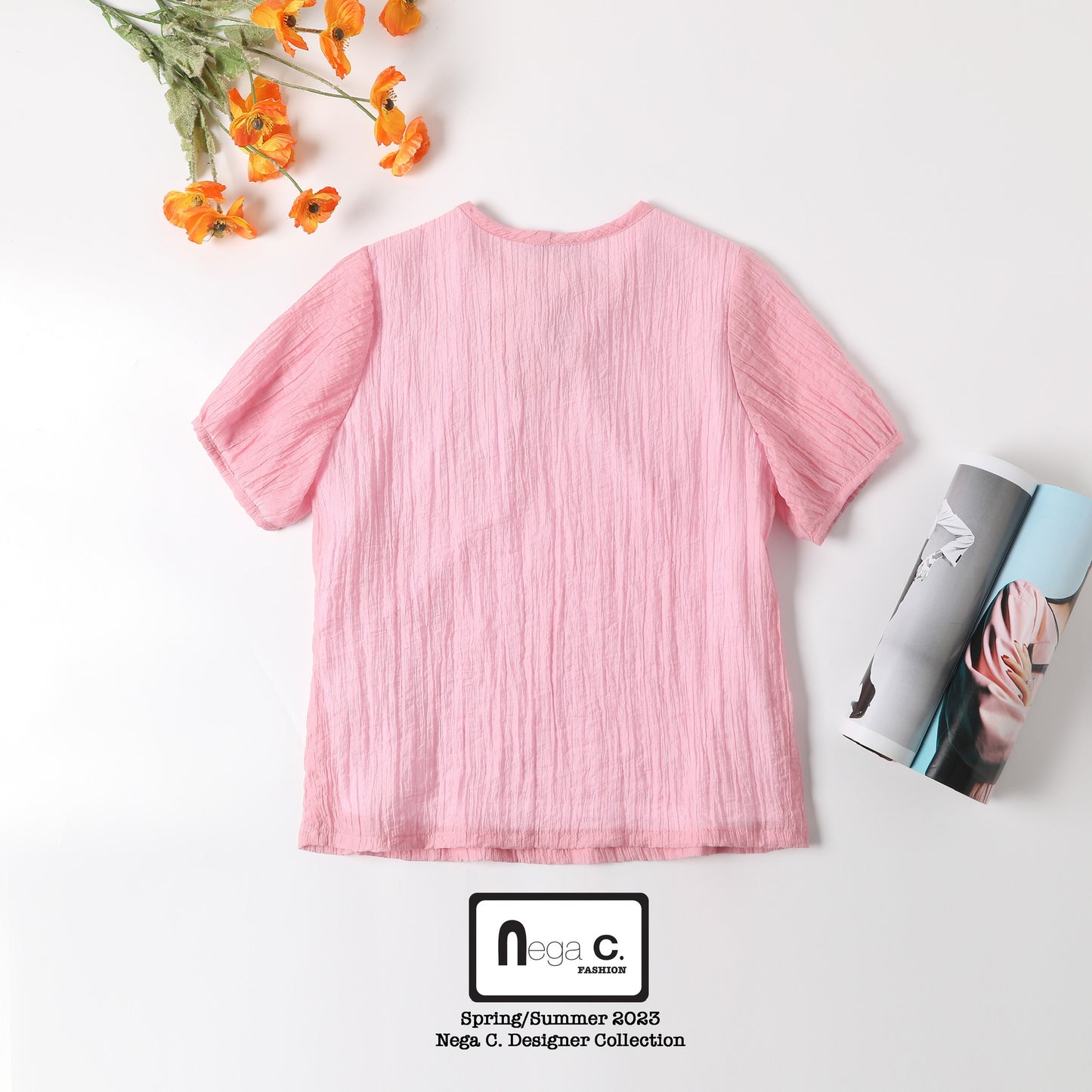 Nega C.เสื้อลูกไม้คอกลมจับจีบติดโบว์ผีเสื้อ|ชมพู|มีซับใน