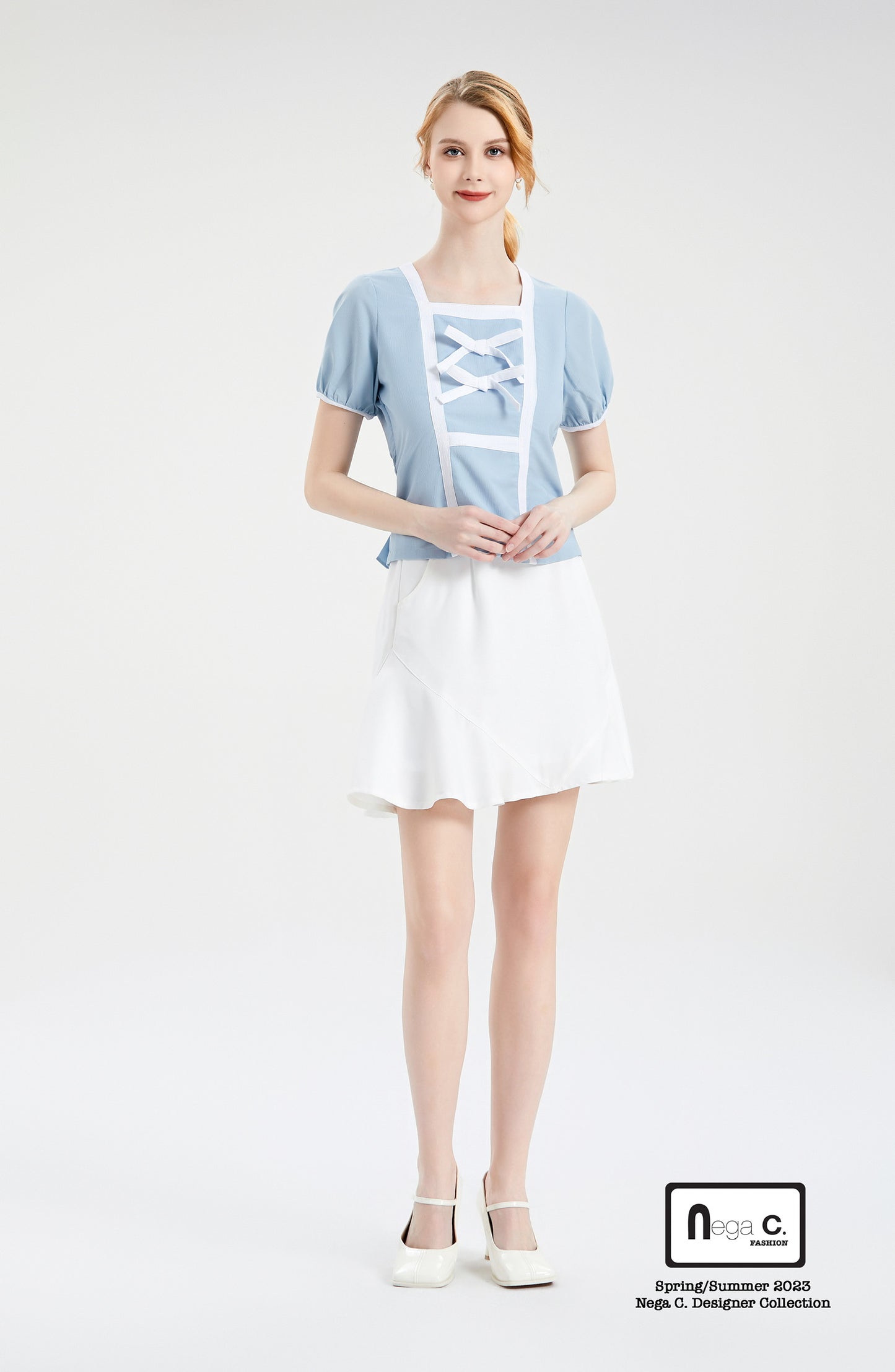 Nega C.เสื้อคอเหลี่ยมคัลเลอร์บล็อคแต่งโบว์คู่ |สีฟ้า |มีซับใน