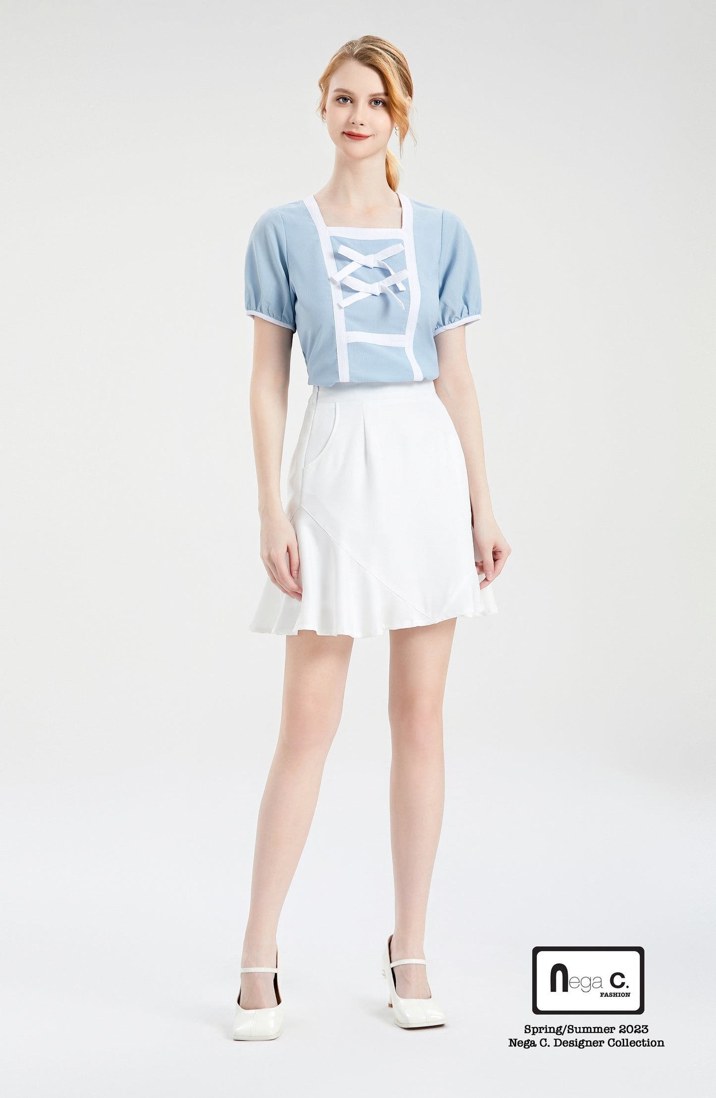 Nega C.เสื้อคอเหลี่ยมคัลเลอร์บล็อคแต่งโบว์คู่ |สีฟ้า |มีซับใน