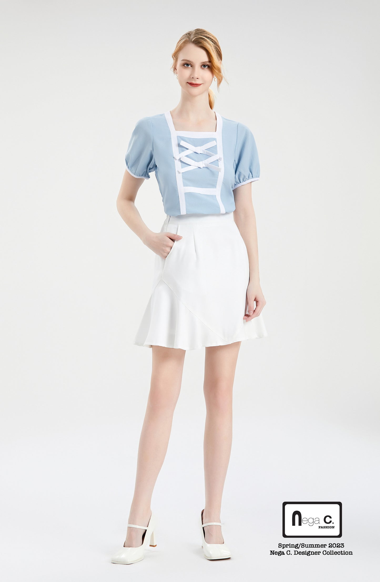 Nega C.เสื้อคอเหลี่ยมคัลเลอร์บล็อคแต่งโบว์คู่ |สีฟ้า |มีซับใน