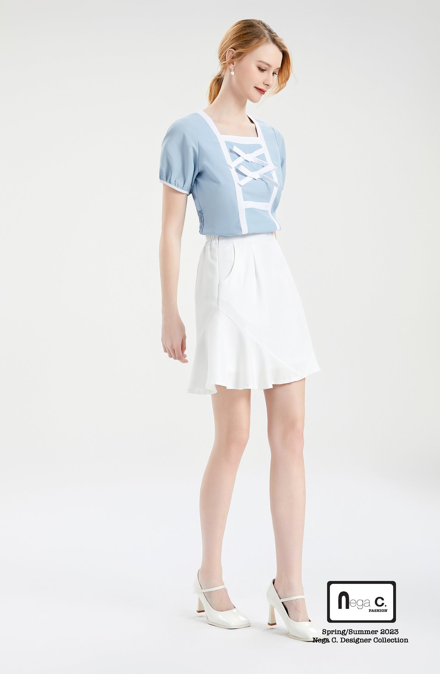 Nega C.เสื้อคอเหลี่ยมคัลเลอร์บล็อคแต่งโบว์คู่ |สีฟ้า |มีซับใน