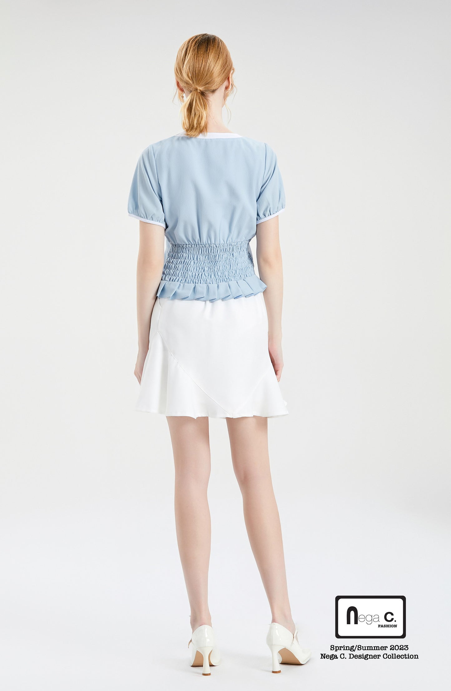 Nega C.เสื้อคอเหลี่ยมคัลเลอร์บล็อคแต่งโบว์คู่ |สีฟ้า |มีซับใน
