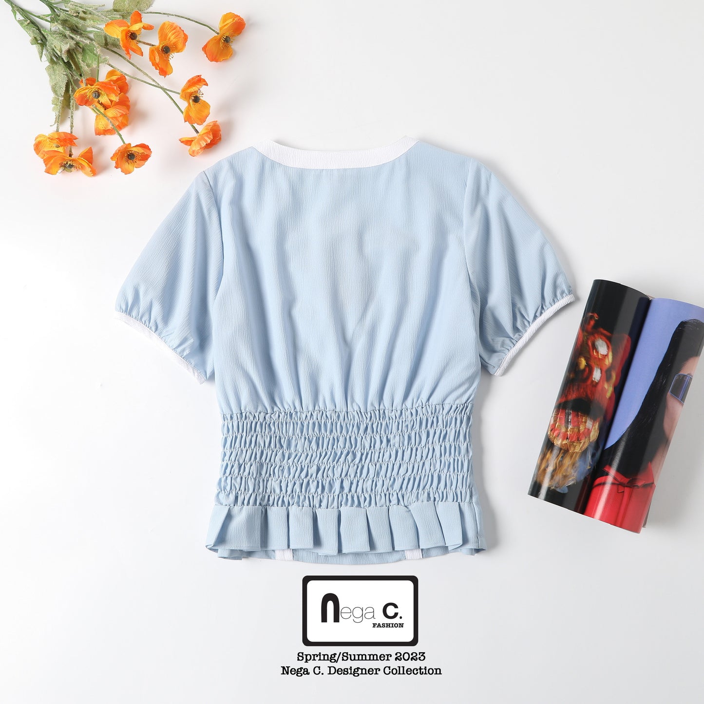 Nega C.เสื้อคอเหลี่ยมคัลเลอร์บล็อคแต่งโบว์คู่ |สีฟ้า |มีซับใน