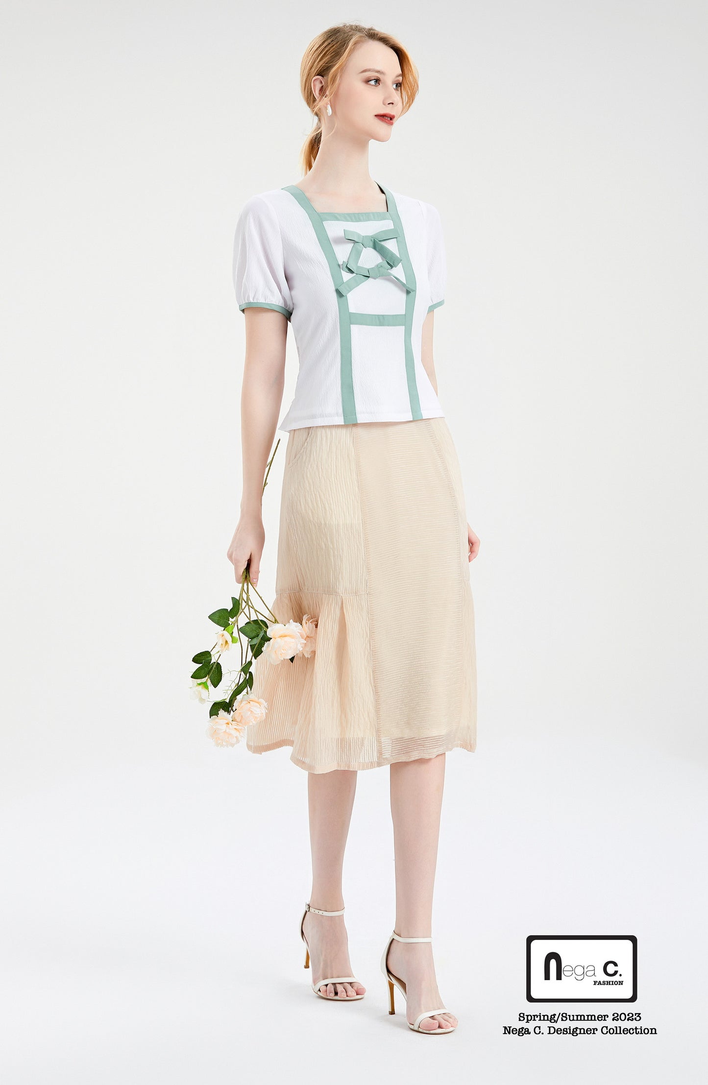 Nega C.เสื้อคอเหลี่ยมคัลเลอร์บล็อคแต่งโบว์คู่ |สีขาว |มีซับใน