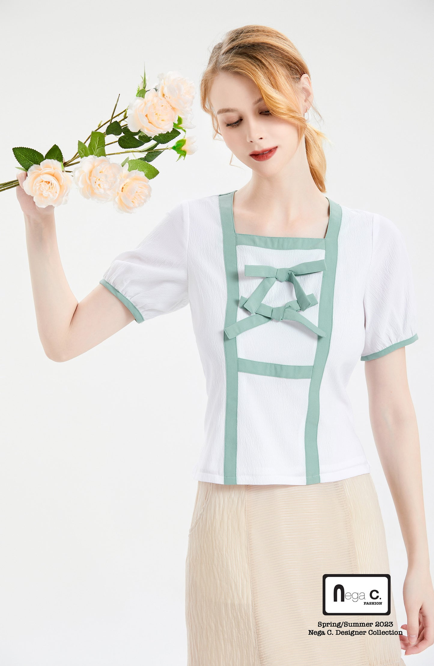 Nega C.เสื้อคอเหลี่ยมคัลเลอร์บล็อคแต่งโบว์คู่ |สีขาว |มีซับใน