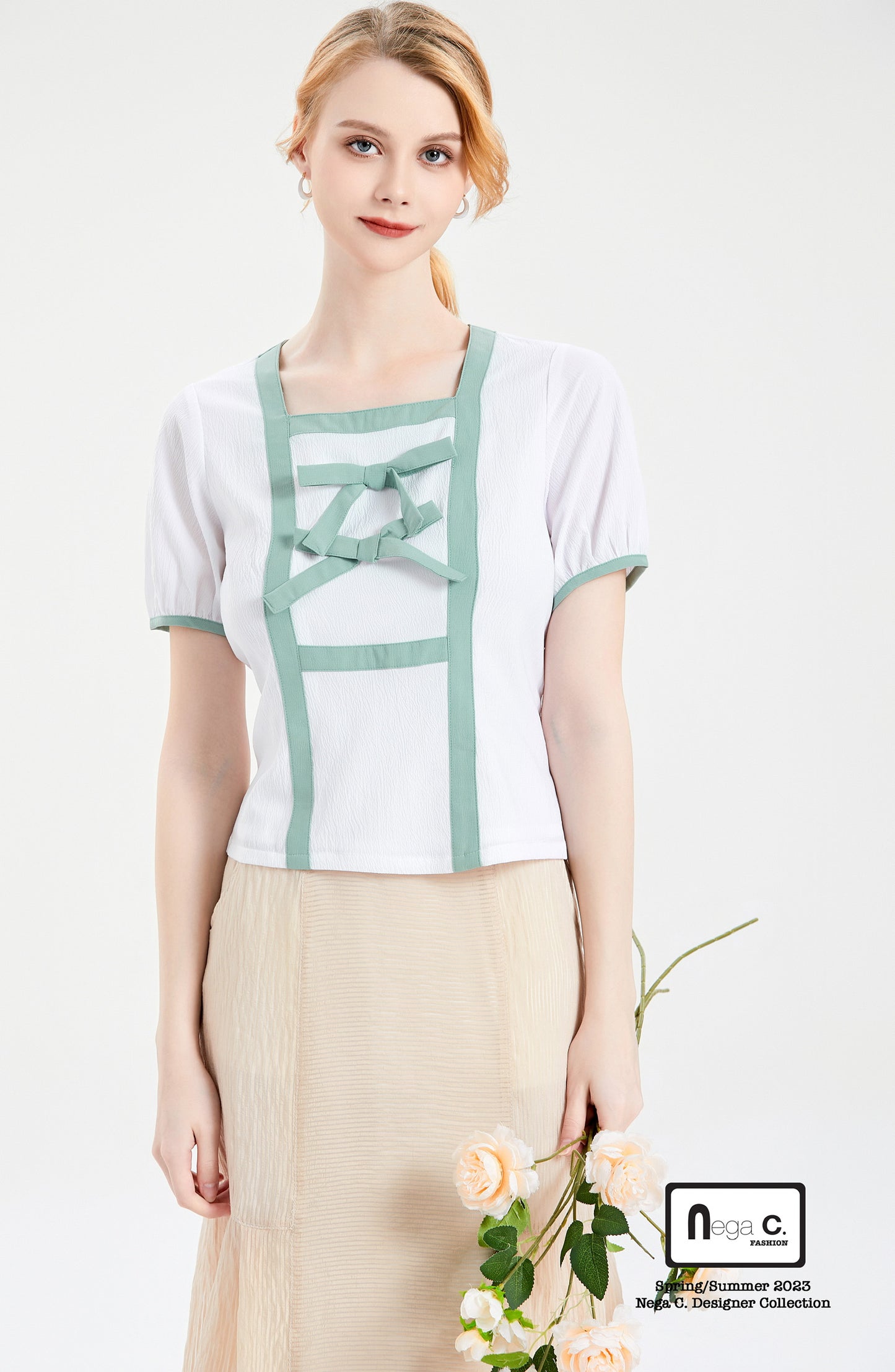 Nega C.เสื้อคอเหลี่ยมคัลเลอร์บล็อคแต่งโบว์คู่ |สีขาว |มีซับใน