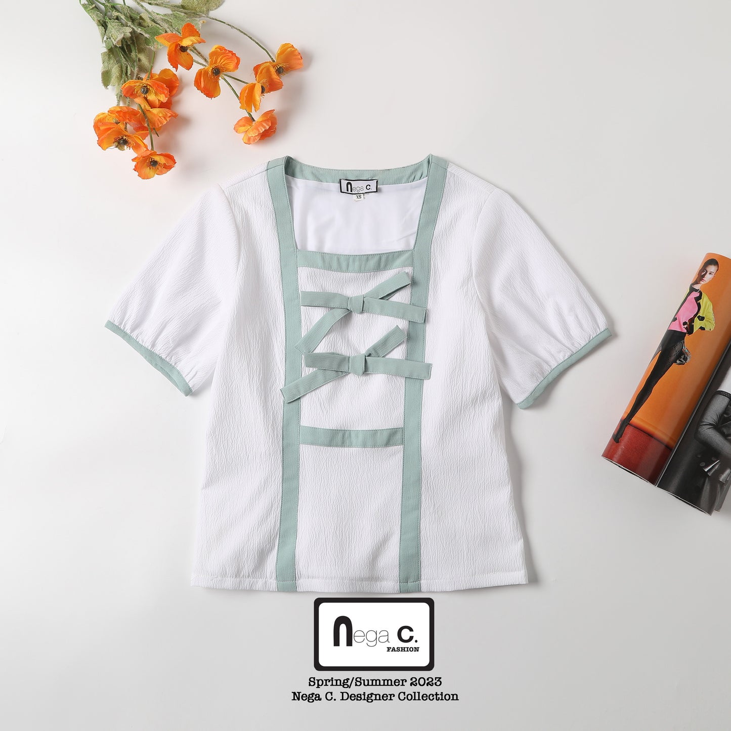 Nega C.เสื้อคอเหลี่ยมคัลเลอร์บล็อคแต่งโบว์คู่ |สีขาว |มีซับใน