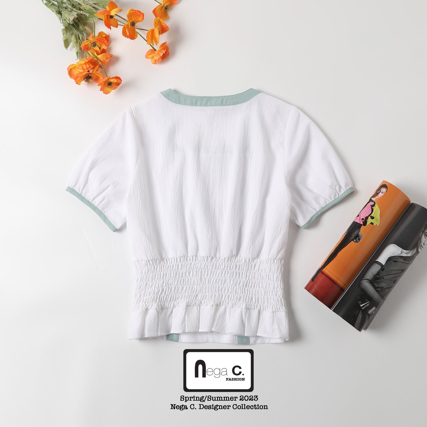 Nega C.เสื้อคอเหลี่ยมคัลเลอร์บล็อคแต่งโบว์คู่ |สีขาว |มีซับใน