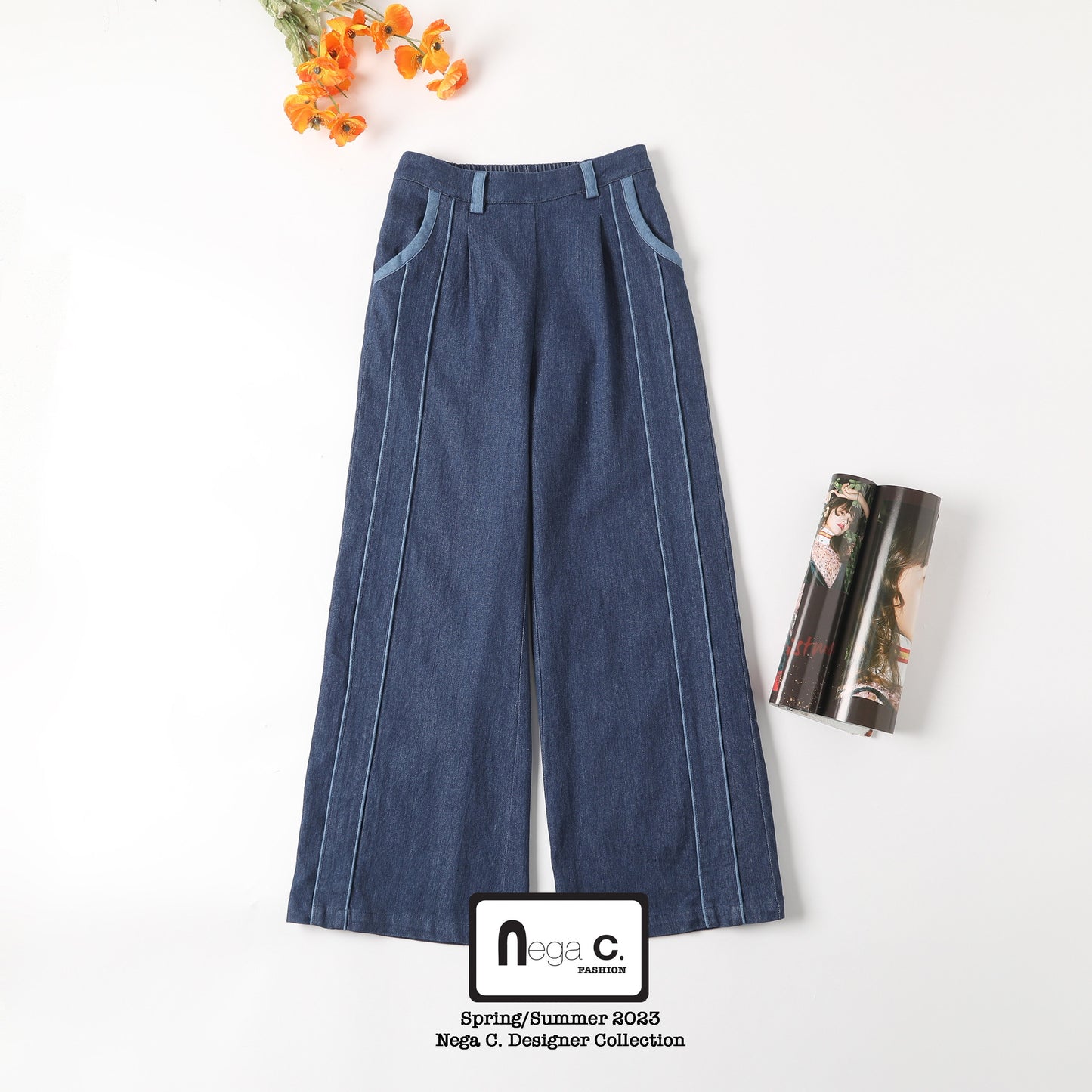 กางเกงยีนส์ขากว้าง Nega C. แต่งดีเทลกุ๊น |Navy|