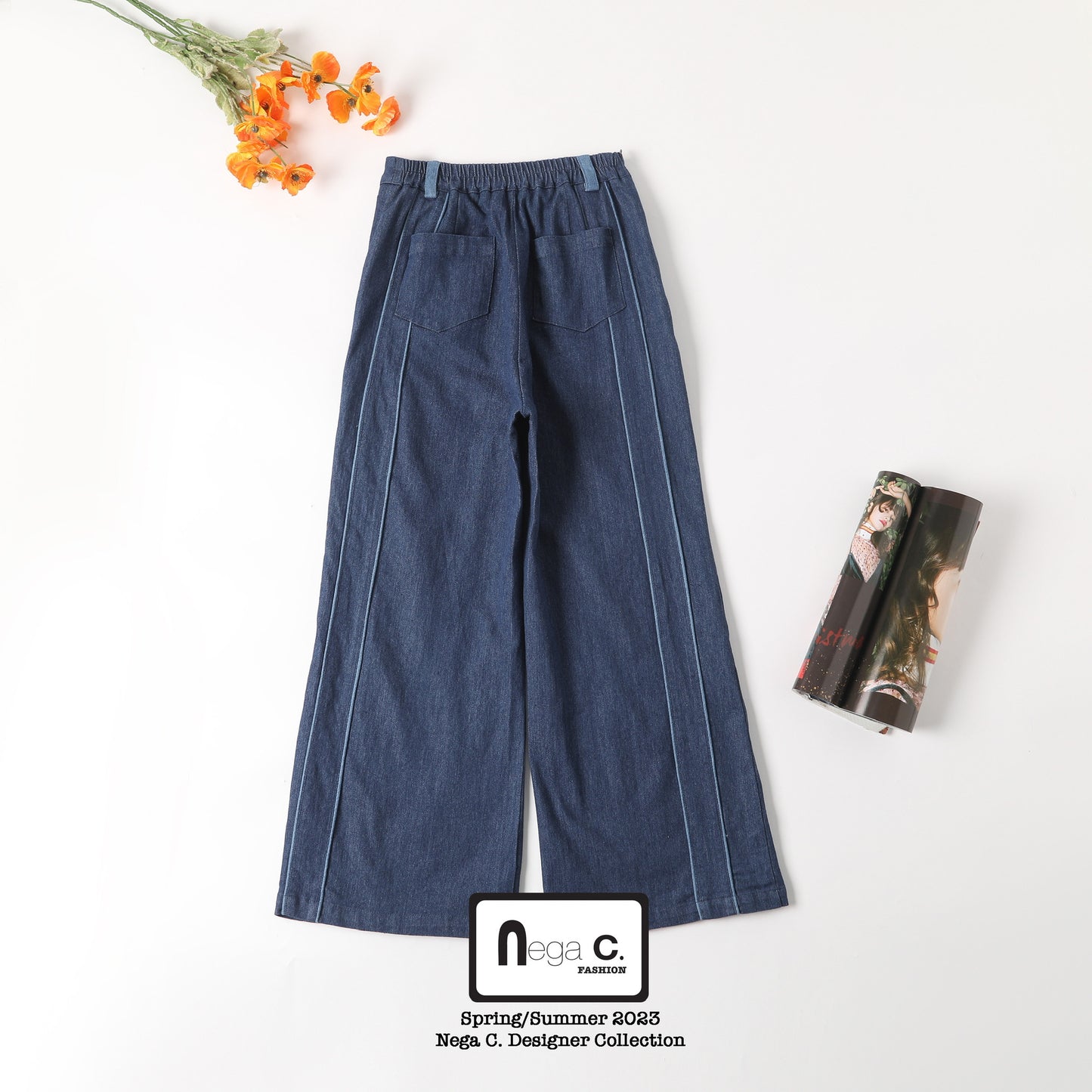 กางเกงยีนส์ขากว้าง Nega C. แต่งดีเทลกุ๊น |Navy|