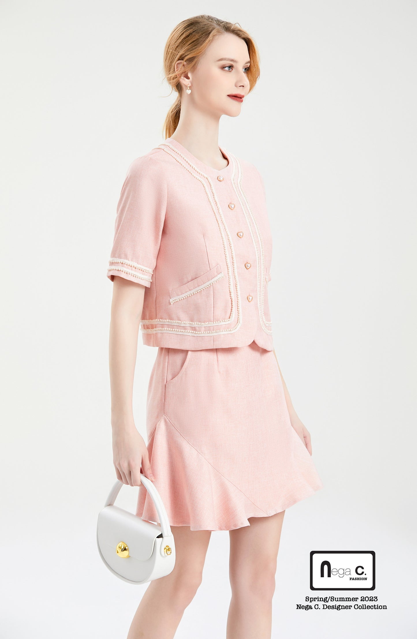 Nega C. เสื้อแจ็คเก็ตแขนสั้นมุกคอกลม |สีชมพู |มีซับใน