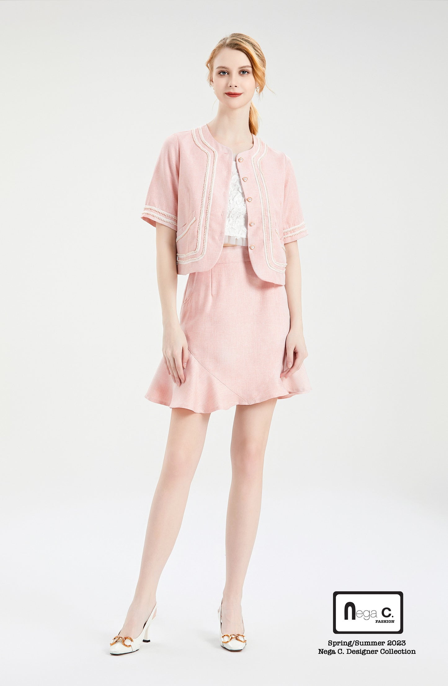 Nega C. เสื้อแจ็คเก็ตแขนสั้นมุกคอกลม |สีชมพู |มีซับใน