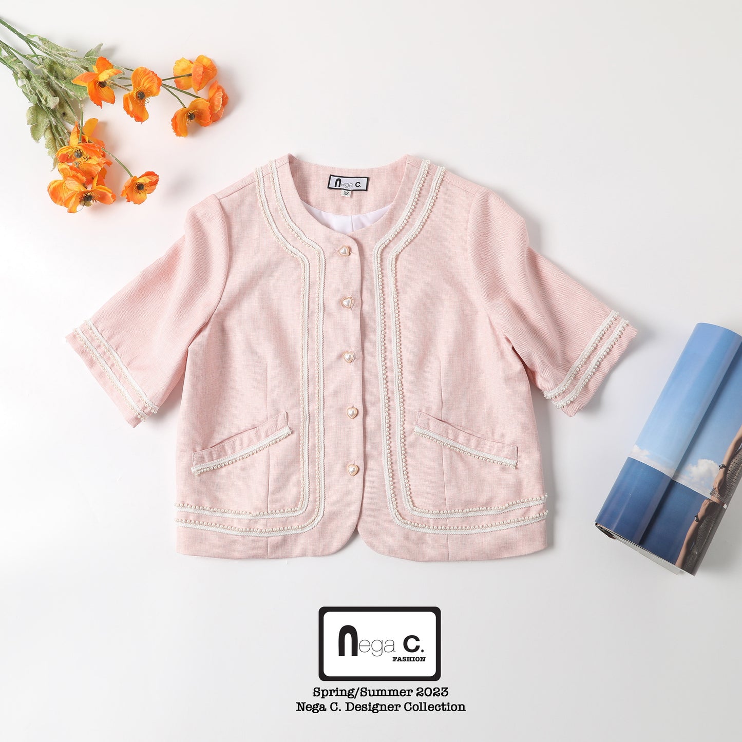 Nega C. เสื้อแจ็คเก็ตแขนสั้นมุกคอกลม |สีชมพู |มีซับใน