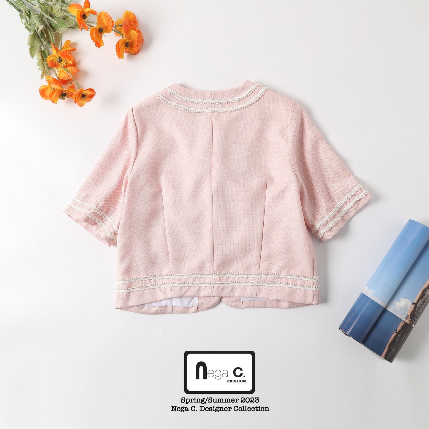 Nega C. เสื้อแจ็คเก็ตแขนสั้นมุกคอกลม |สีชมพู |มีซับใน