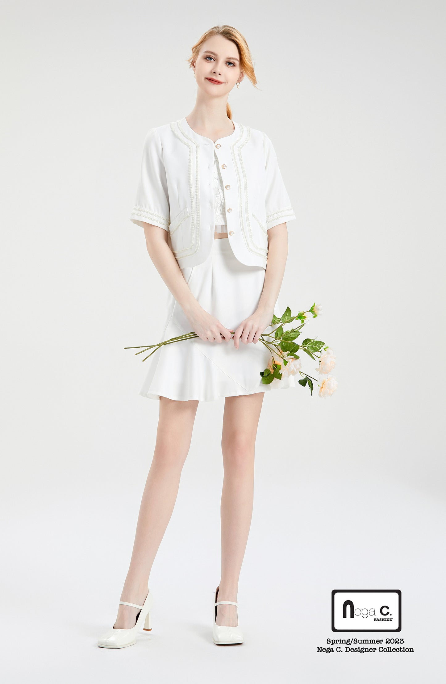 Nega C. เสื้อแจ็คเก็ตแขนสั้นมุกคอกลม |สีขาว |มีซับใน