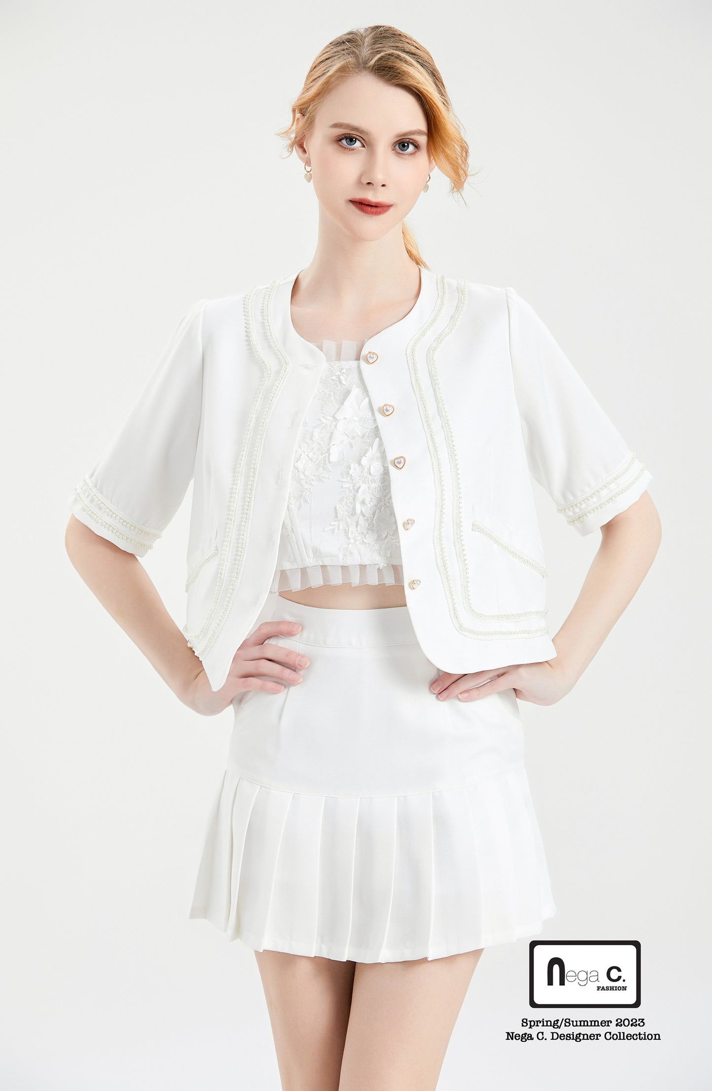 Nega C. เสื้อแจ็คเก็ตแขนสั้นมุกคอกลม |สีขาว |มีซับใน