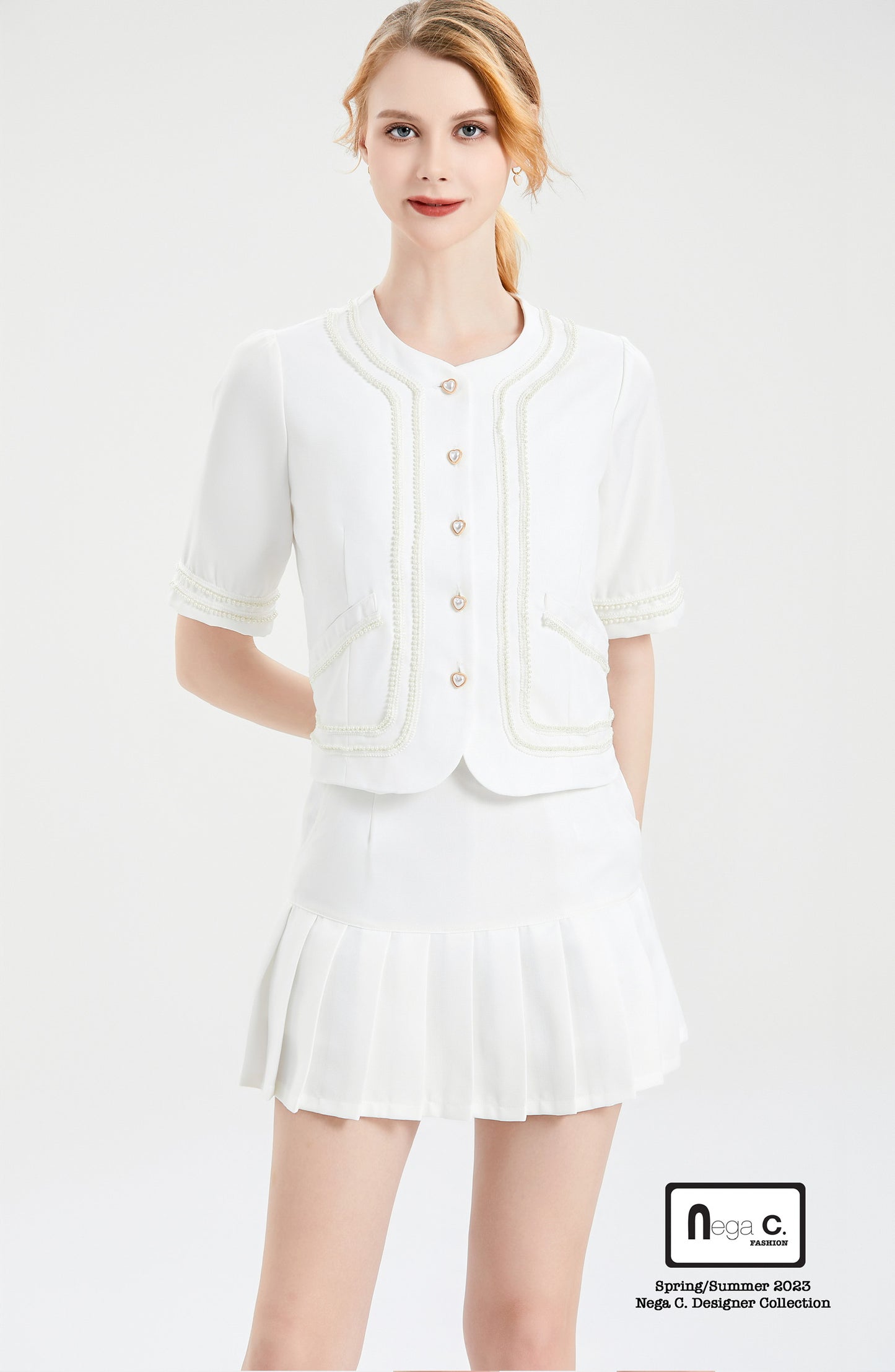 Nega C. เสื้อแจ็คเก็ตแขนสั้นมุกคอกลม |สีขาว |มีซับใน