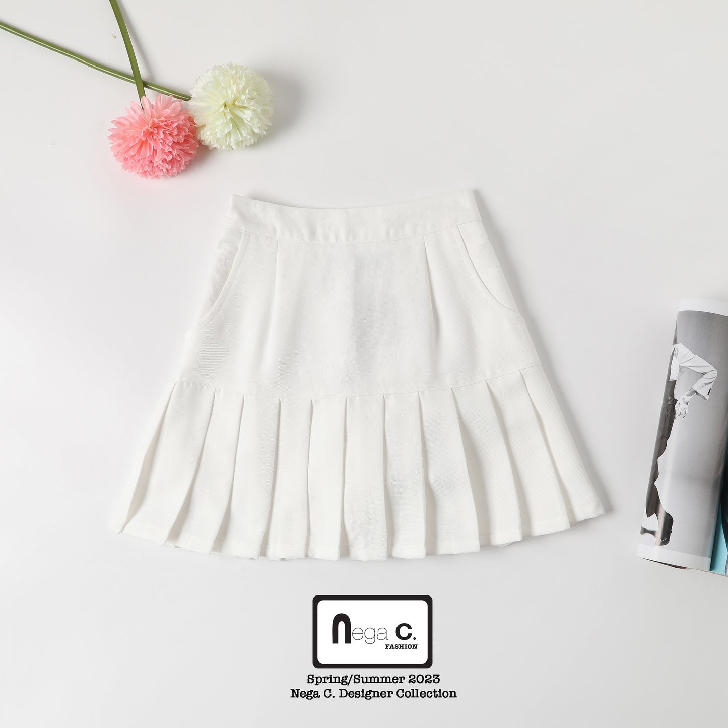Nega C. มินิสเกิร์ตจับจีบสไตล์หวานน่ารัก |สีขาว | มีซับใน