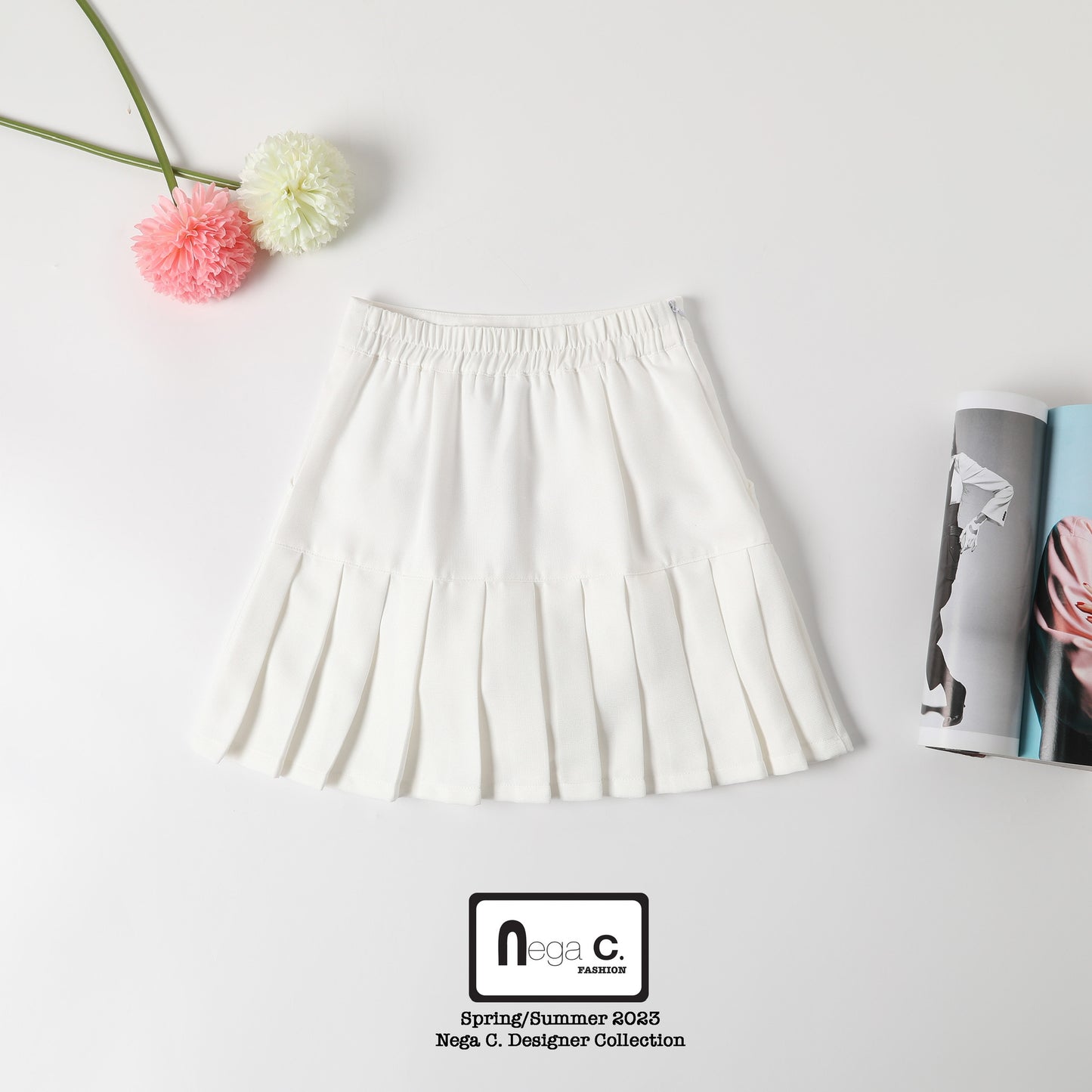 Nega C. มินิสเกิร์ตจับจีบสไตล์หวานน่ารัก |สีขาว | มีซับใน