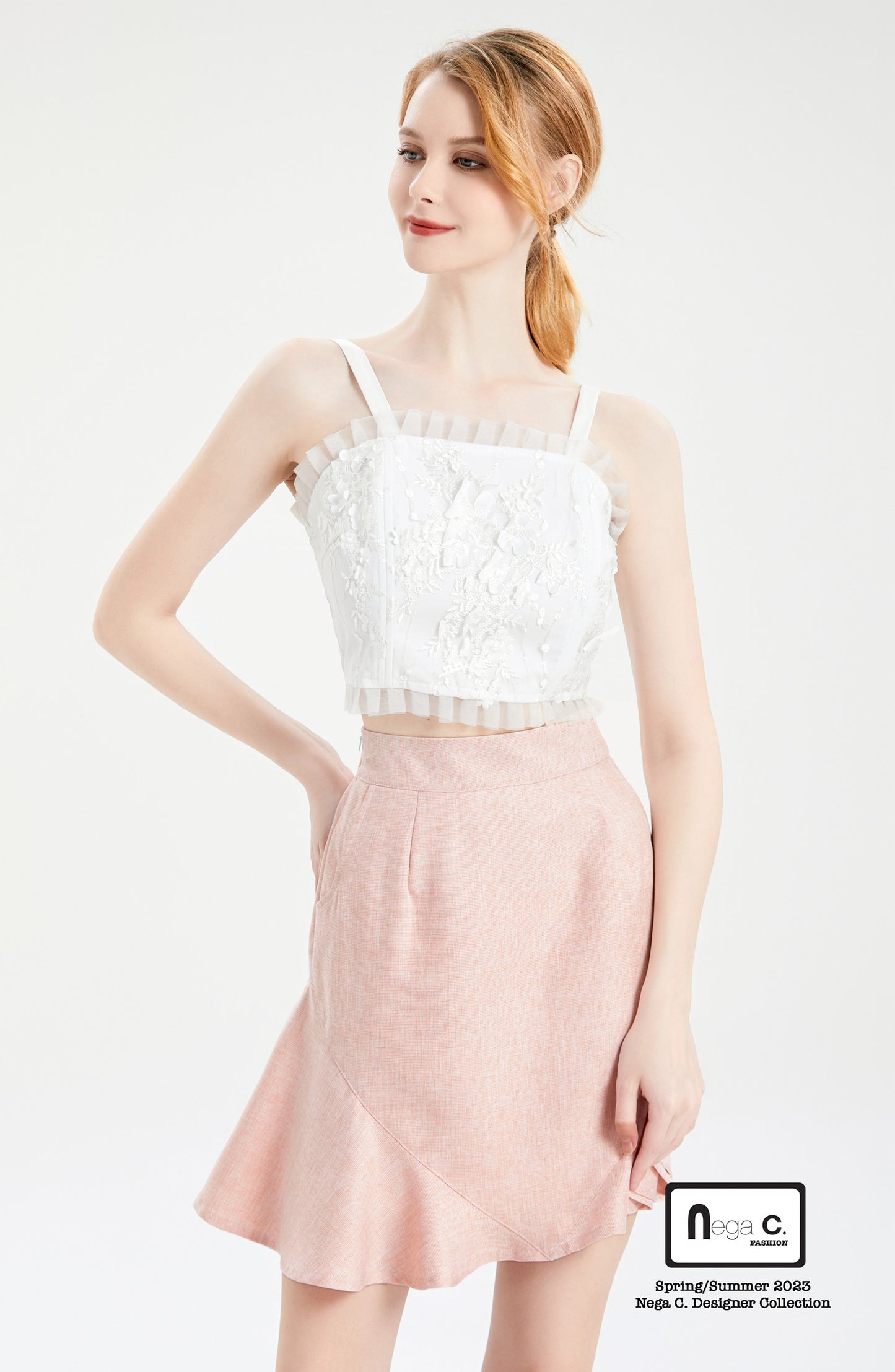 Nega C. เสื้อชั้นในลูกไม้ Romantic Floral Lace with Spaghetti Straps |สีขาว |มีซับใน