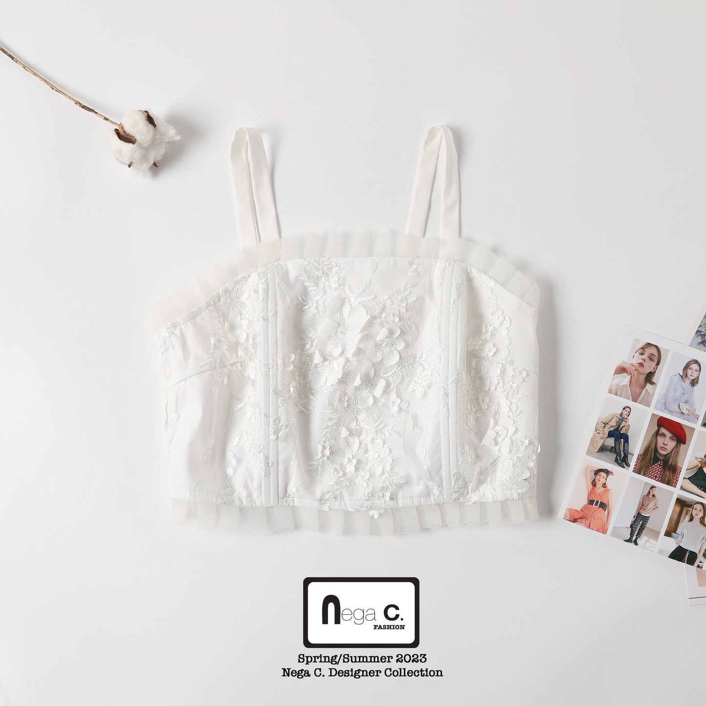 Nega C. เสื้อชั้นในลูกไม้ Romantic Floral Lace with Spaghetti Straps |สีขาว |มีซับใน
