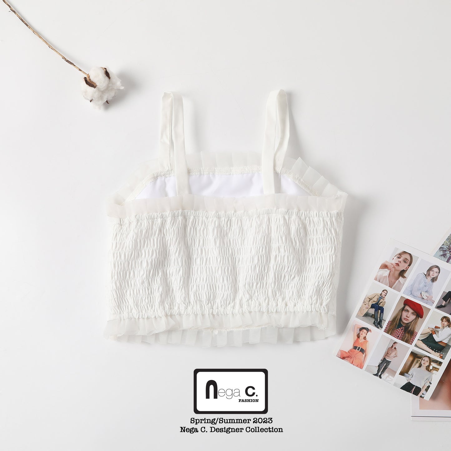 Nega C. เสื้อชั้นในลูกไม้ Romantic Floral Lace with Spaghetti Straps |สีขาว |มีซับใน