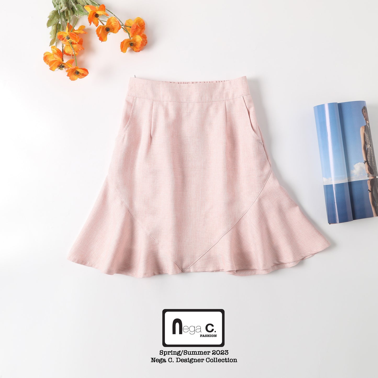 Nega C. กระโปรง Midi Ruffle Hem เรียบหรู | สีชมพู | มีซับใน