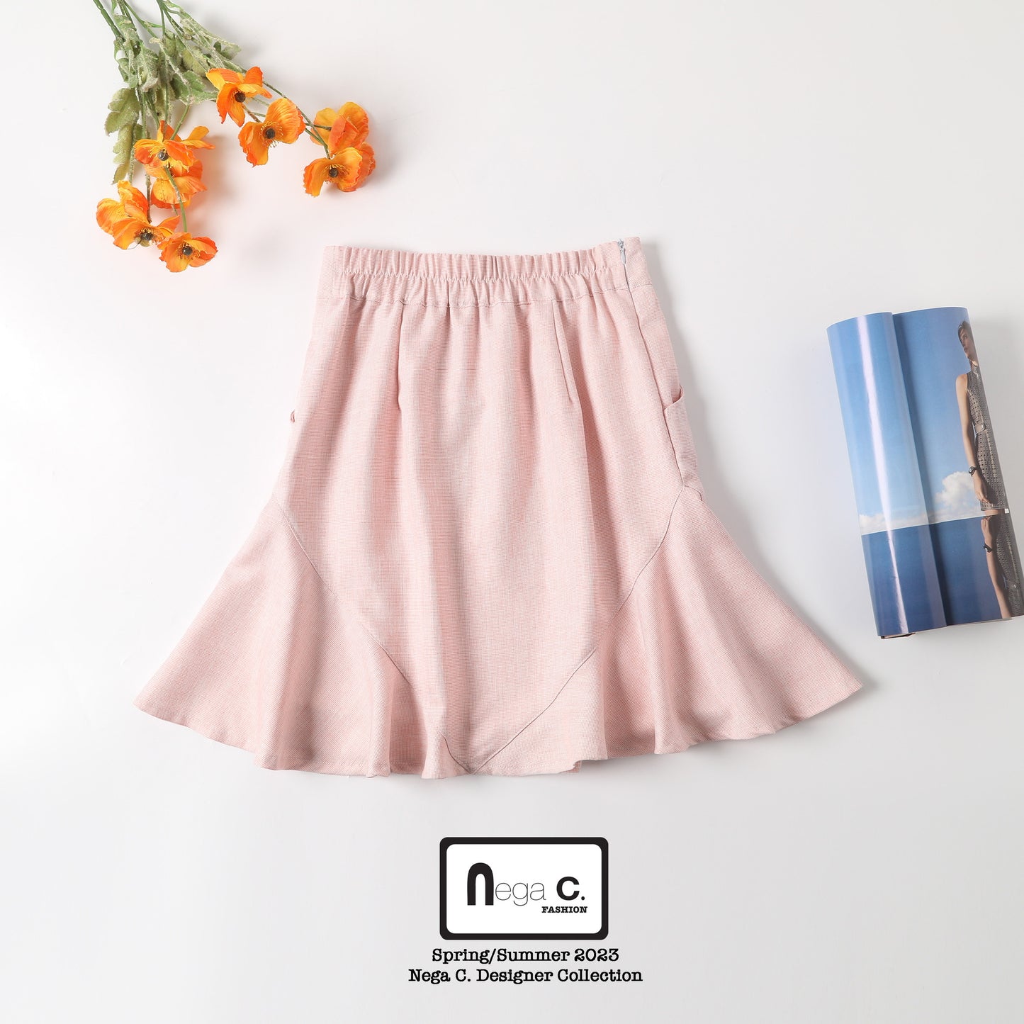 Nega C. กระโปรง Midi Ruffle Hem เรียบหรู | สีชมพู | มีซับใน