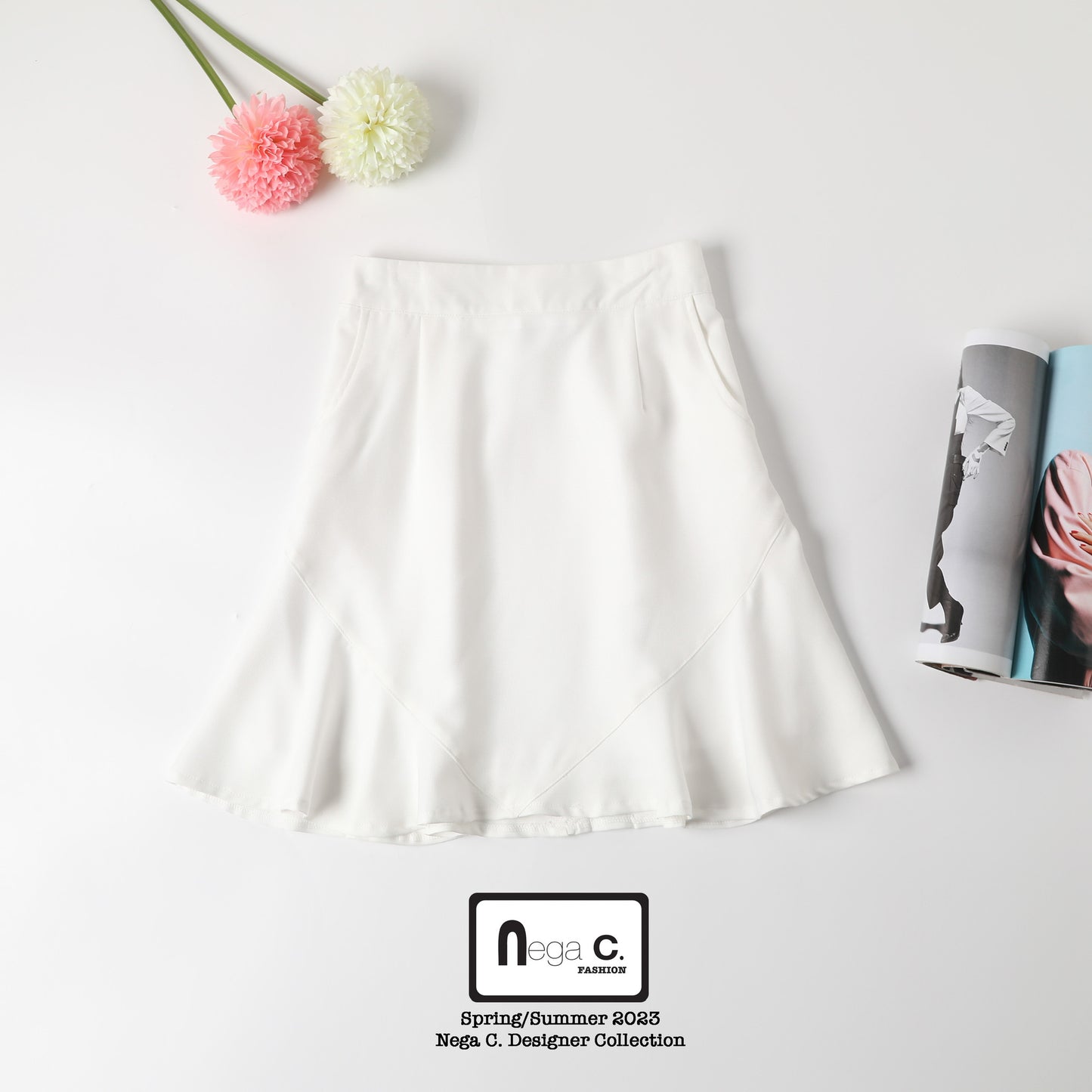 Nega C. กระโปรง Midi Ruffle Hem เรียบหรู |สีขาว | มีซับใน