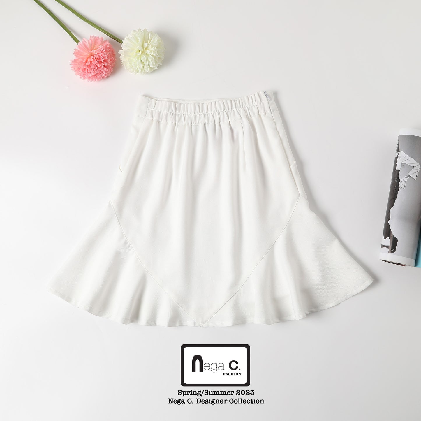 Nega C. กระโปรง Midi Ruffle Hem เรียบหรู |สีขาว | มีซับใน