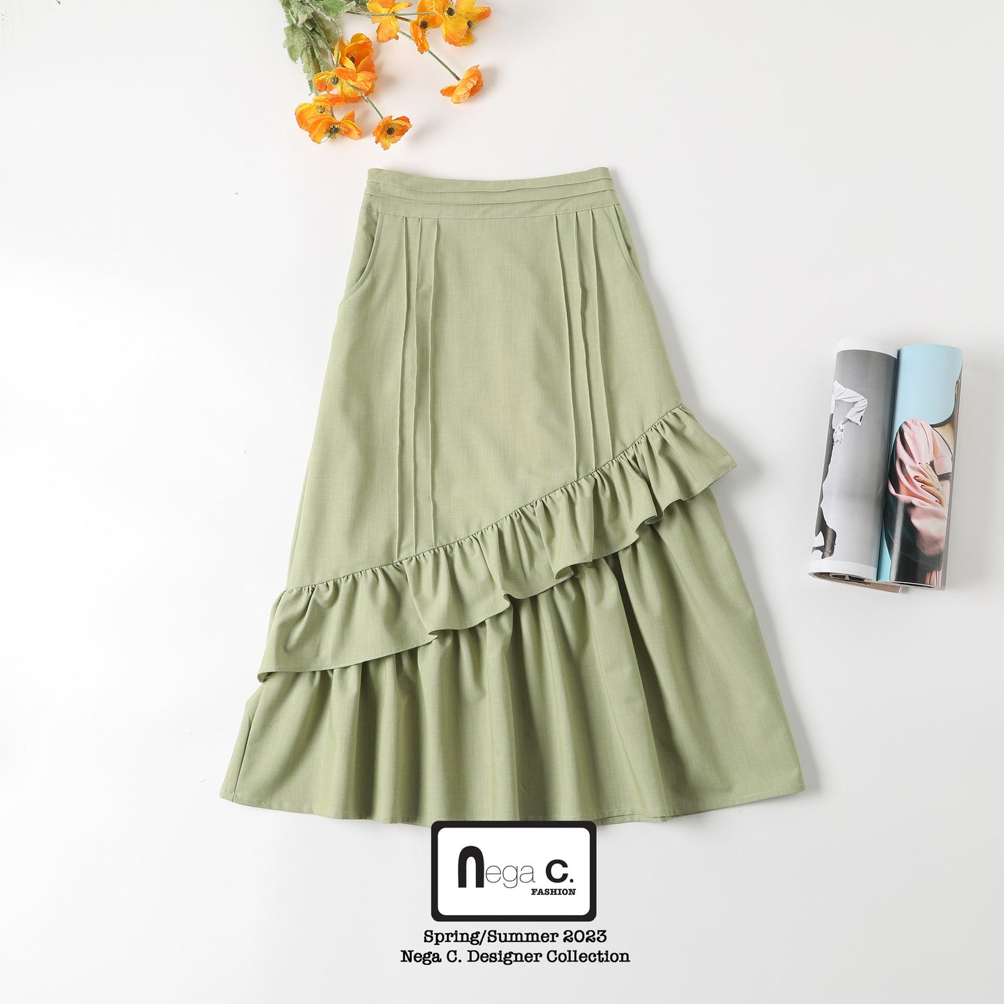 Nega C. กระโปรง Midi Ruffled 2 ชั้นหรูหรา | สีเหลือง | มีซับใน