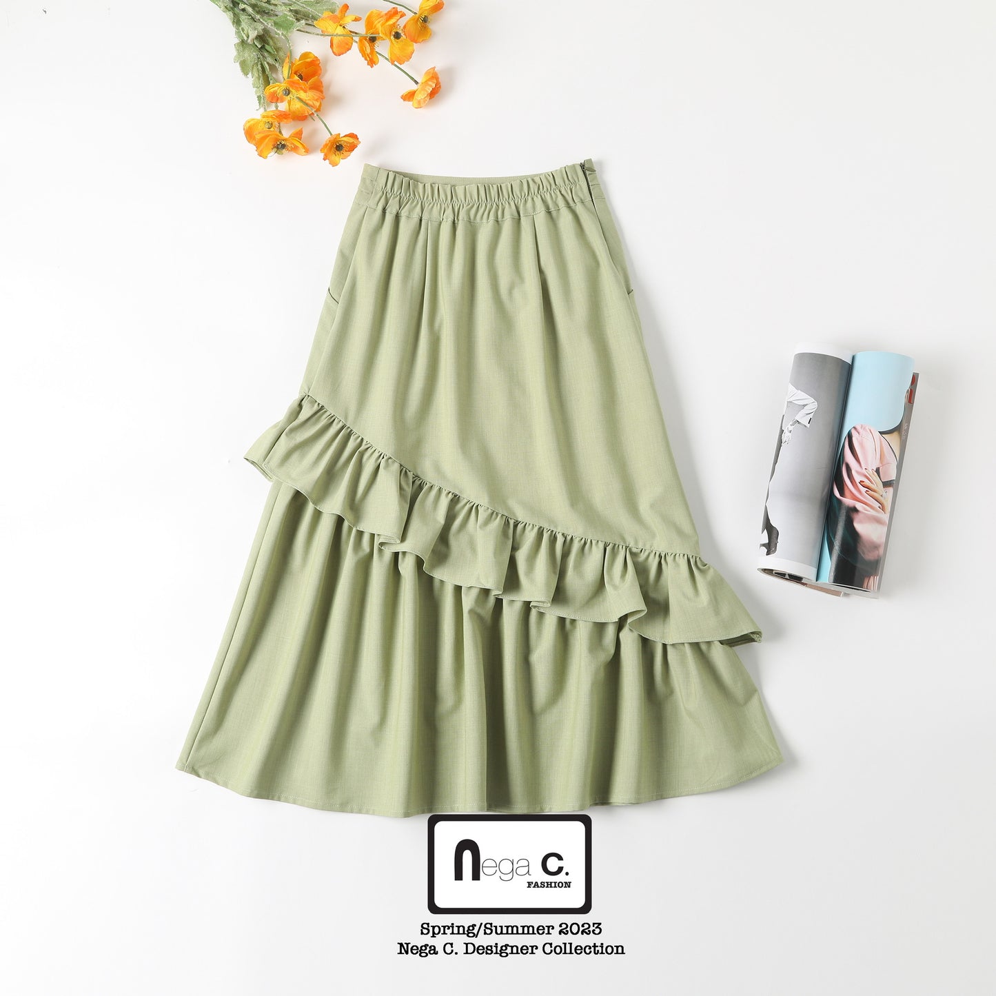 Nega C. กระโปรง Midi Ruffled 2 ชั้นหรูหรา | สีเหลือง | มีซับใน