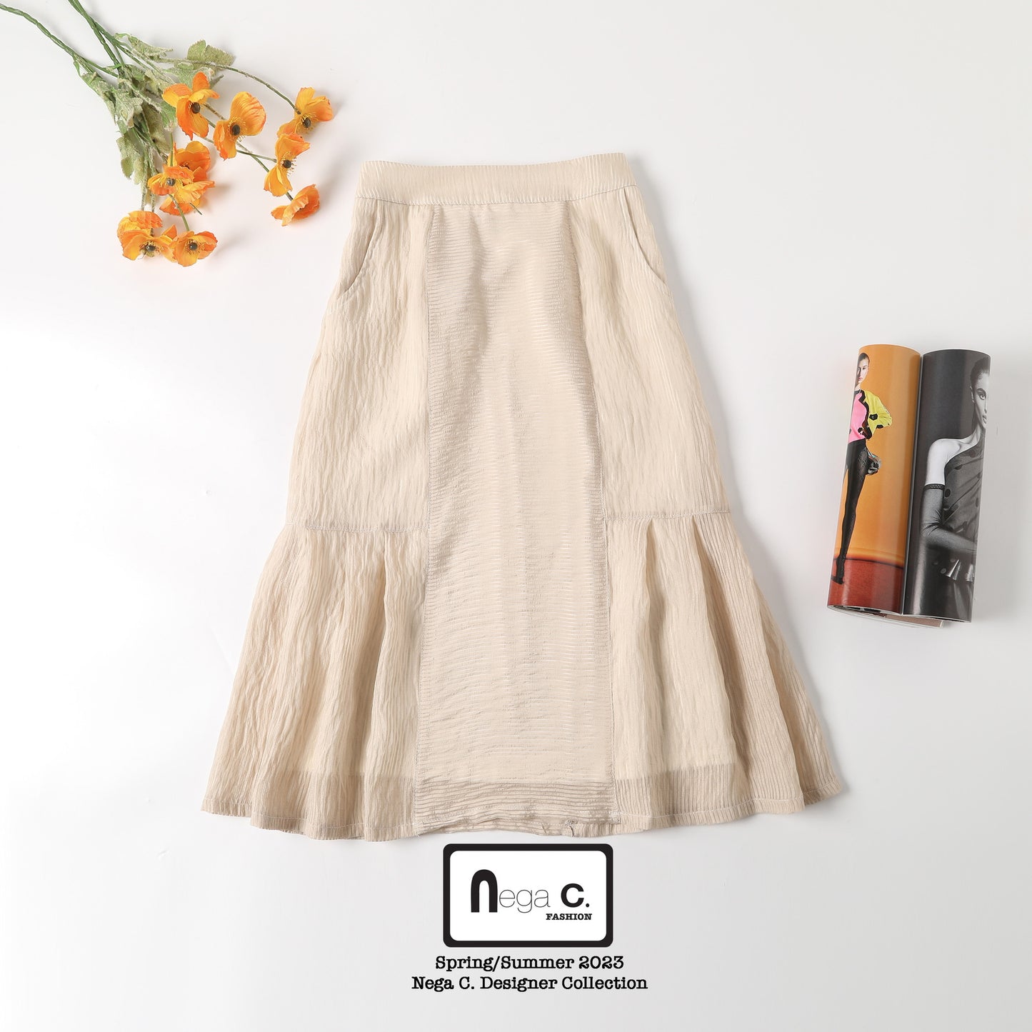 Nega C. กระโปรงจับจีบยาวปานกลาง |สีเบจ| มีซับใน