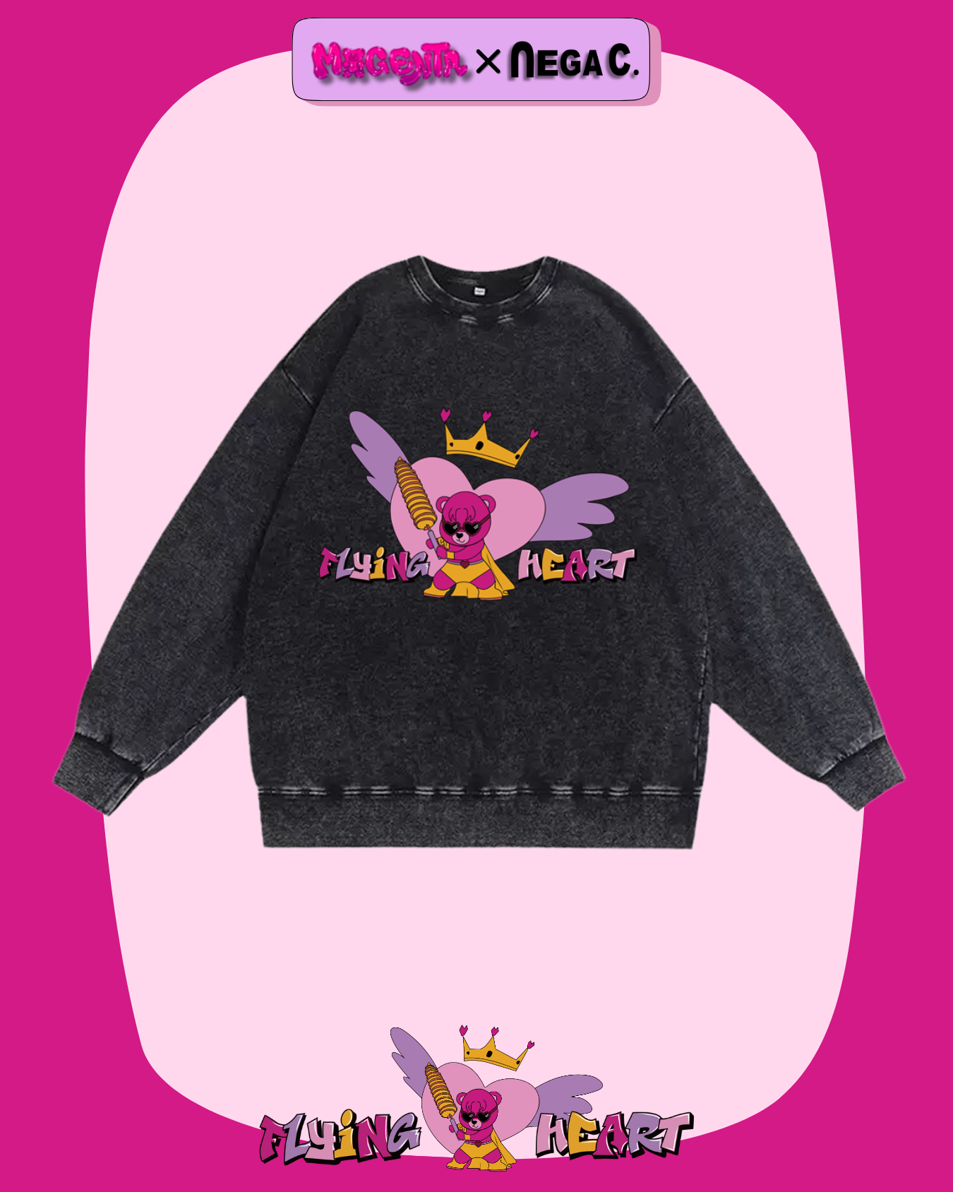 MXN Magenta Bear Oversize Sweater with washed effect| Black