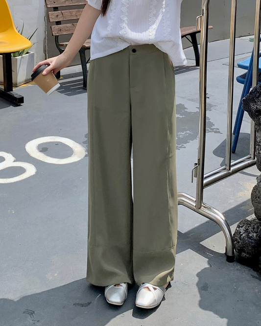 |初秋新品2件75折| 車線寬腿西褲| 灰綠色| 無彈|垂感| 後腰橡筋