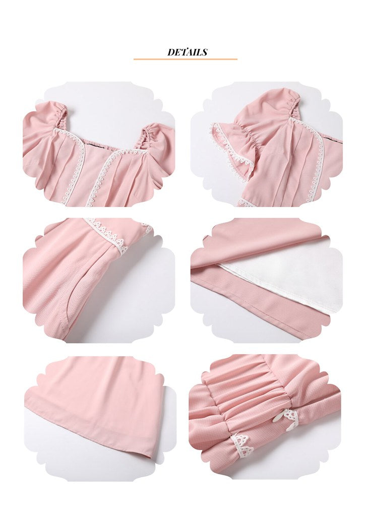Nega C. 心型領蕾絲修腰連身裙| 粉紅色| 有裡襯